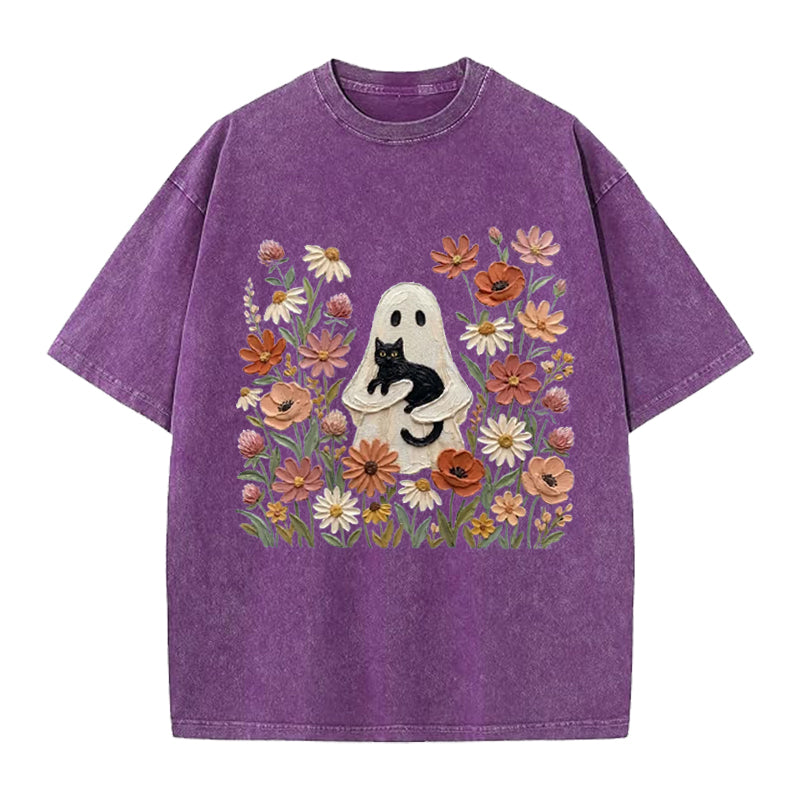 Black Cat Floral Ghost Washed Crew Neck T-Shirt