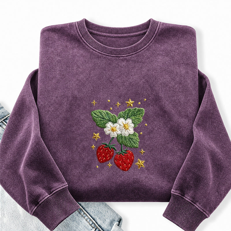 Embroidered Lovely Strawberry Washed Crewneck Sweatshirt