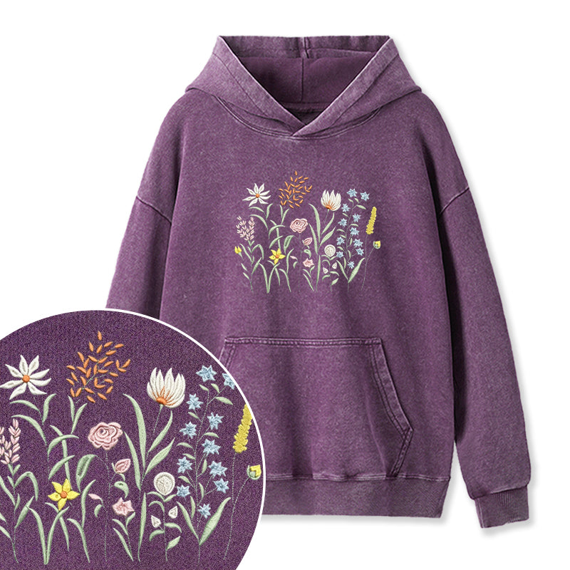 Embroidered Cute Wildflowers Washed Hoodie