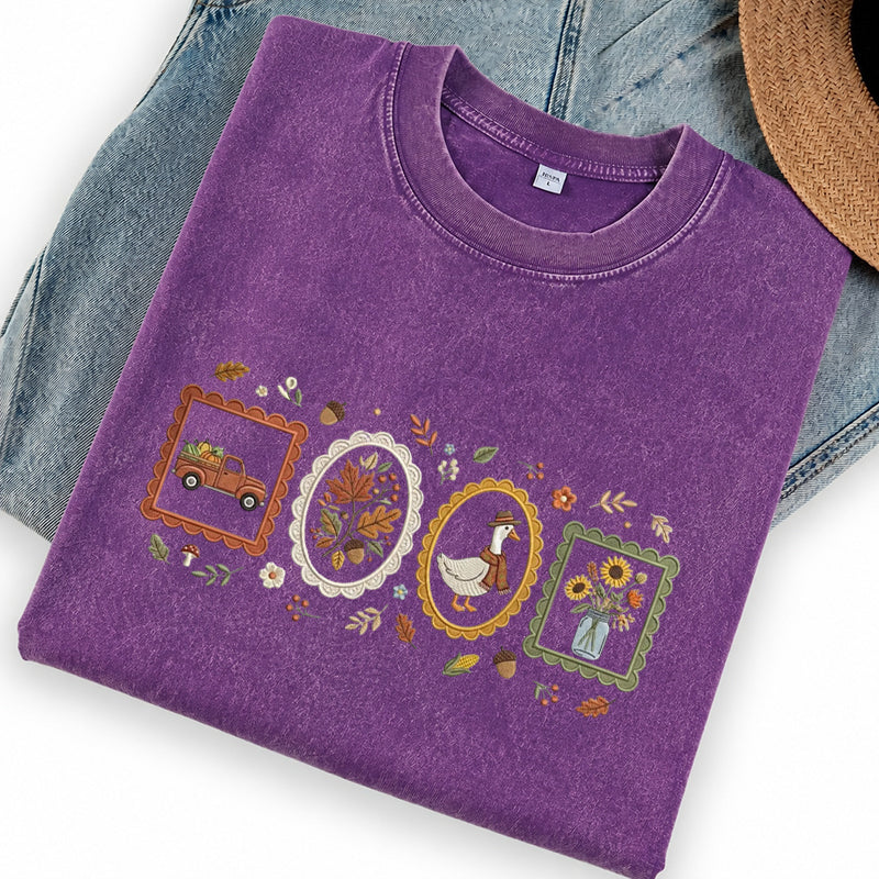 Embroidered Autumn Postcards Washed Crew Neck T-Shirt