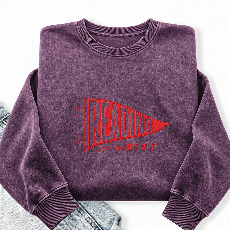 Embroidered Reading Is My Favorite Sport Washed Crewneck Sweatshirt