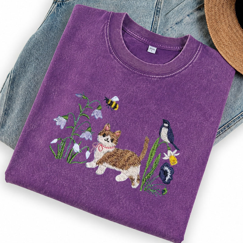 Embroidered Cat Wildflower Washed Crew Neck T-Shirt
