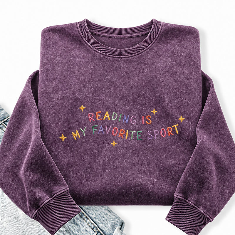 Embroidered Reading Is My Favorite Sport Washed Crewneck Sweatshirt