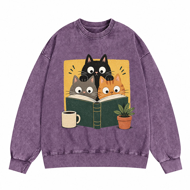 Retro Curious Reading Cats Washed Crewneck Sweatshirt