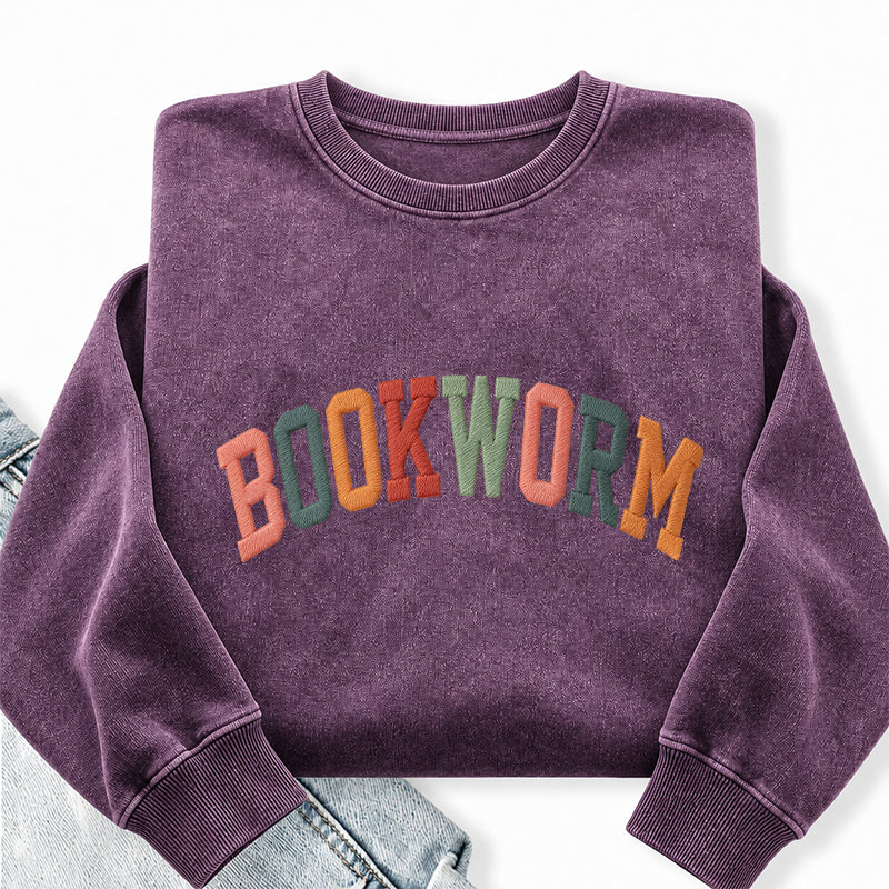 Embroidered Colorful Bookworm Washed Crewneck Sweatshirt