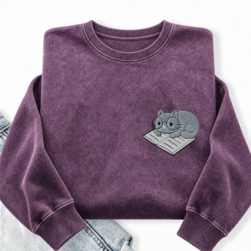 Embroidered Cat On Book Washed Crewneck Sweatshirt