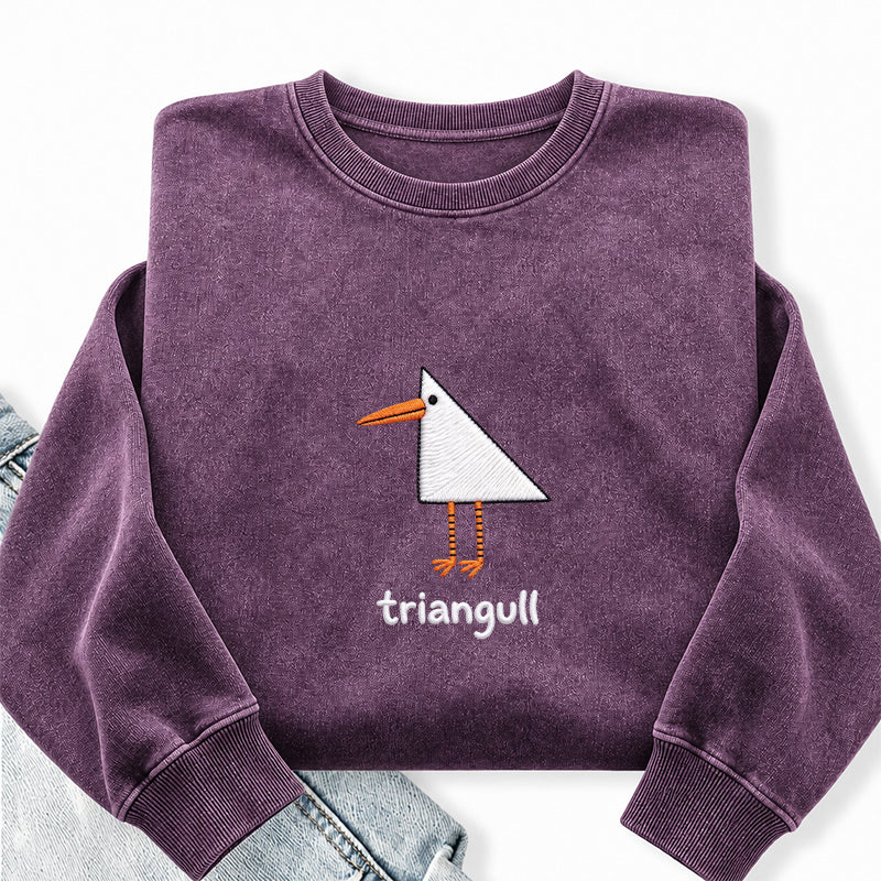 Embroidered Funny Triangull Seagull Washed Crewneck Sweatshirt