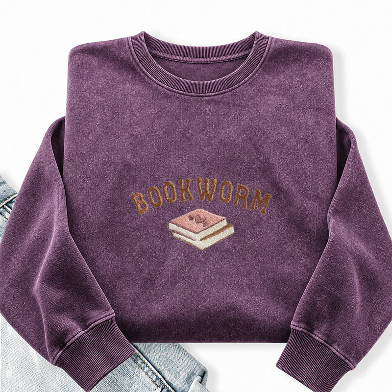Embroidered Bookworm Washed Crewneck Sweatshirt