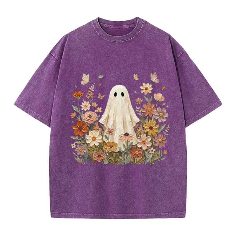 Vintage Ghost With Flowers Washed Crew Neck T-Shirt