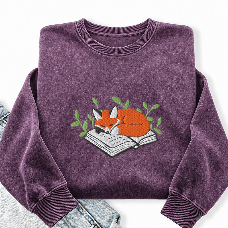 Embroidered Fox Book Nap Washed Crewneck Sweatshirt