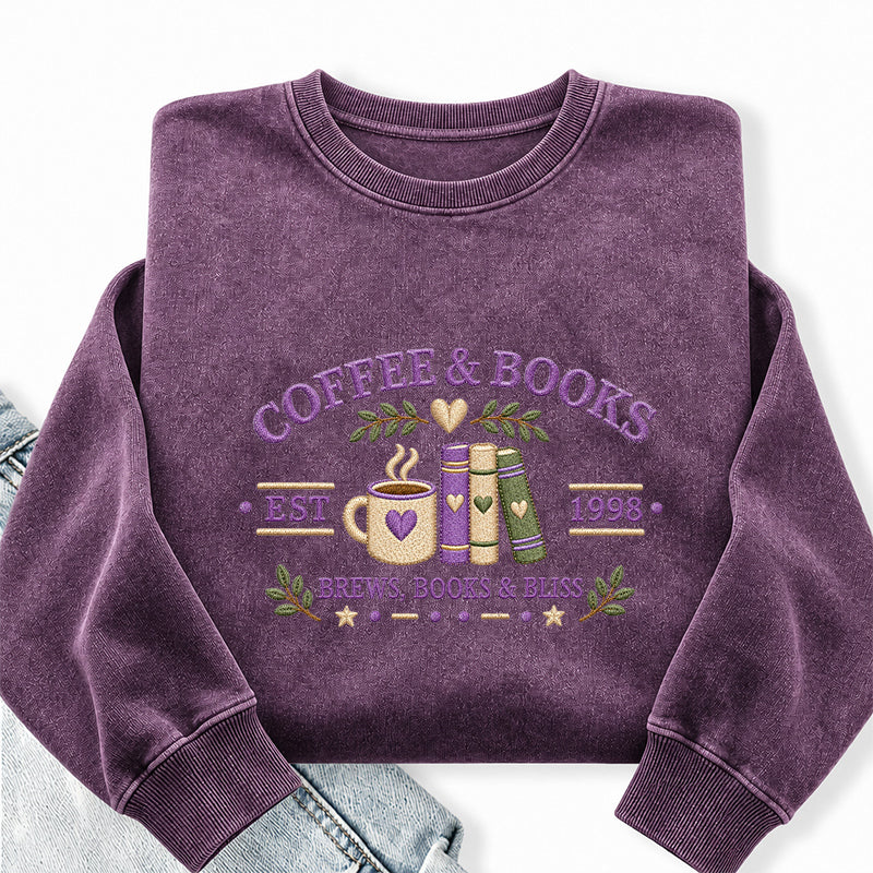 Embroidered Coffee and Books Washed Crewneck Sweatshirt