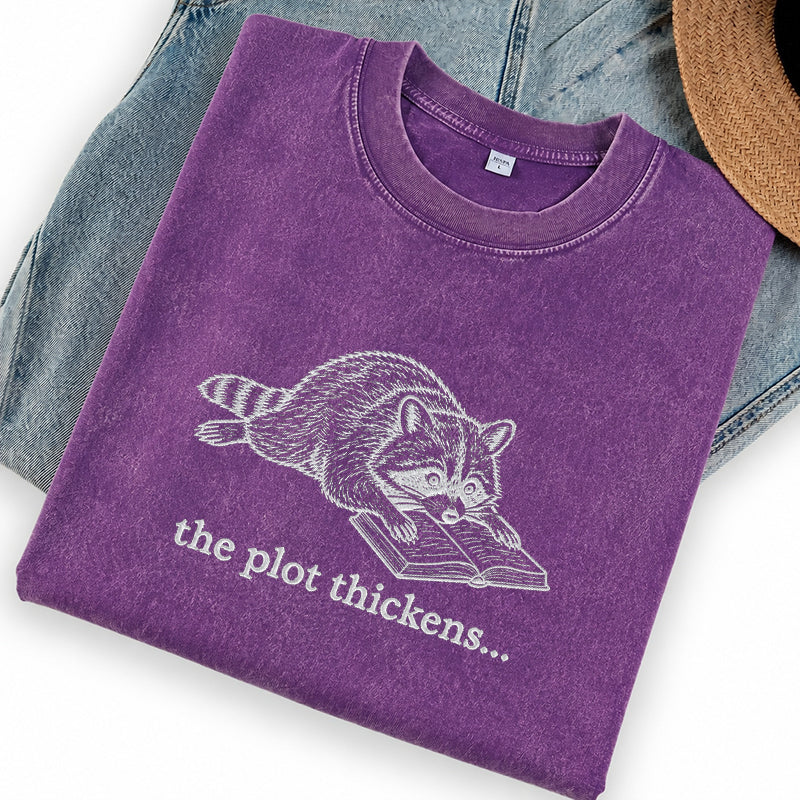 Embroidered The Plot Thickens Reading Raccoon Washed Crew Neck T-Shirt