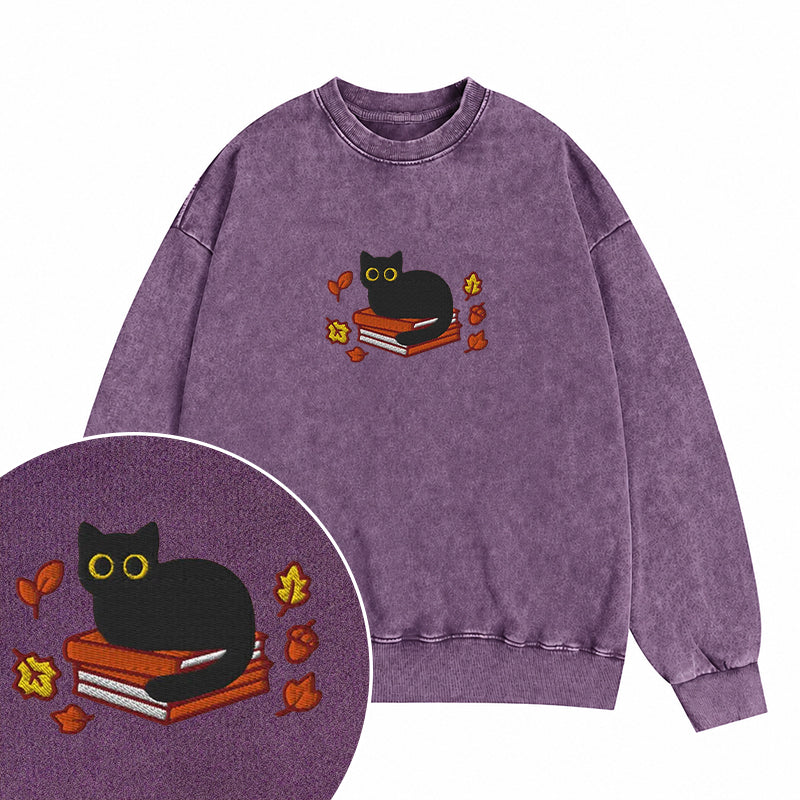 Embroidered Autumn Black Cat Book Washed Crewneck Sweatshirt