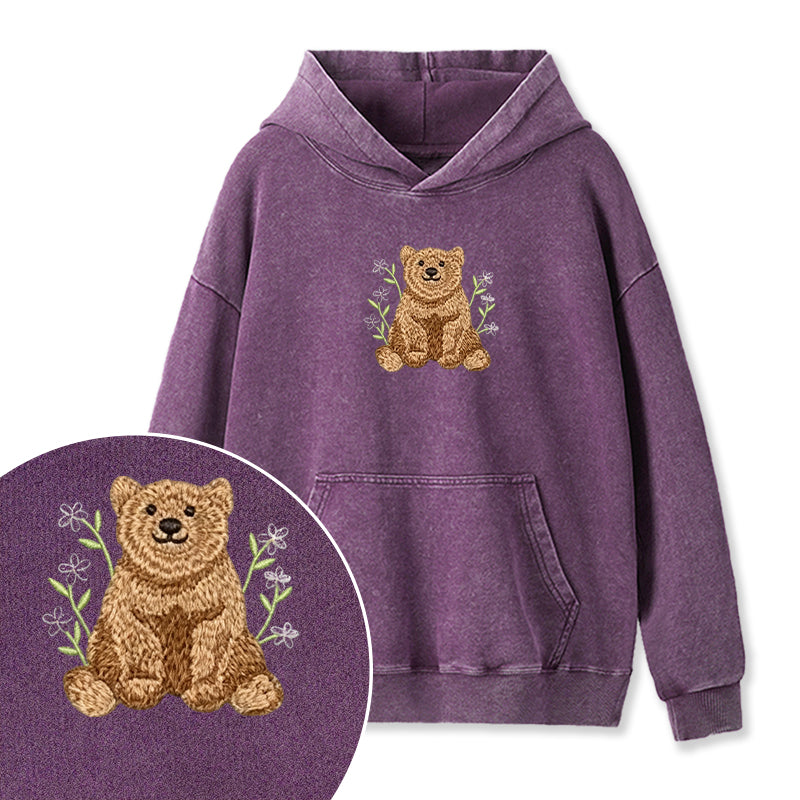 Embroidered Floral Bear Washed Hoodie