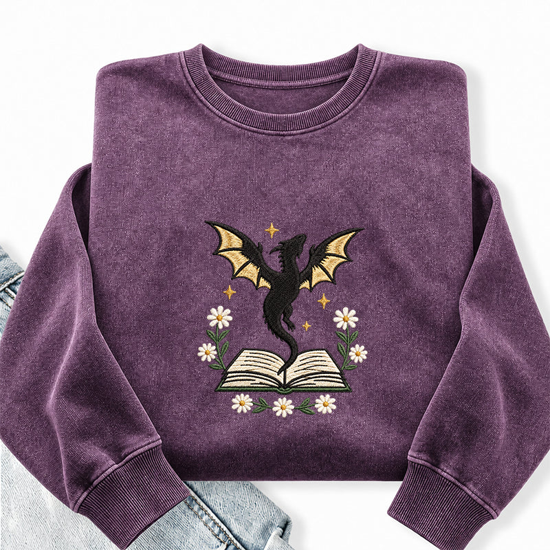 Embroidered Dragon Floral Book Washed Crewneck Sweatshirt