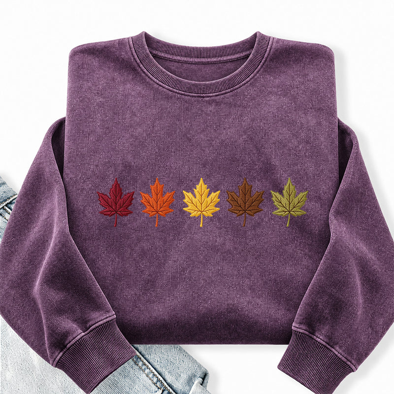 Embroidered Fall Maple Leaves Washed Crewneck Sweatshirt