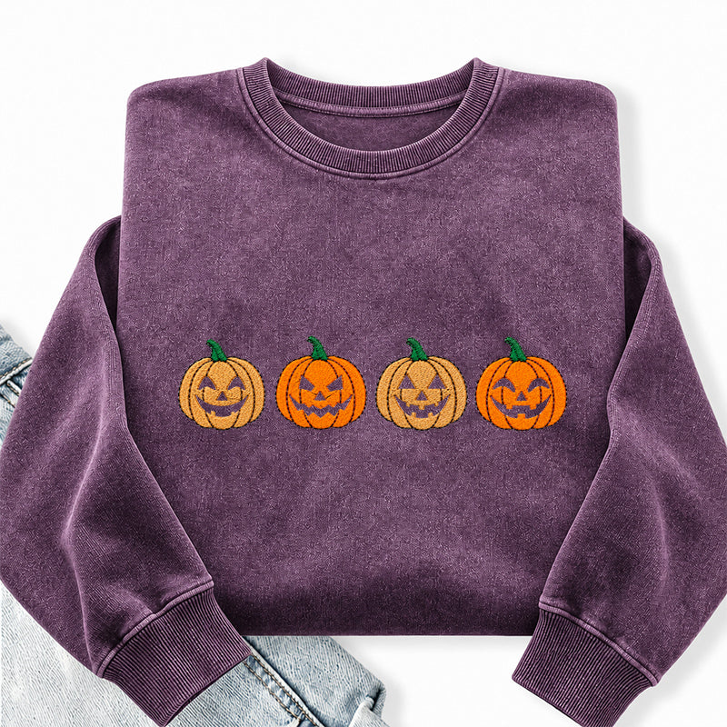 Embroidered Halloween Pumpkins Washed Crewneck Sweatshirt