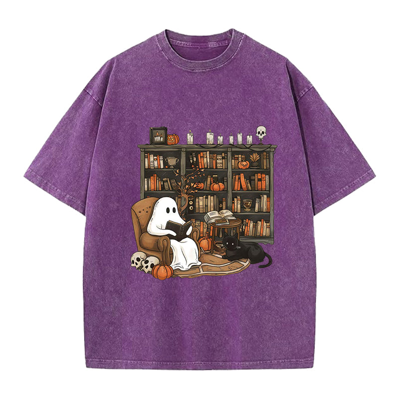 Retro Ghost Reading Washed Crew Neck T-Shirt
