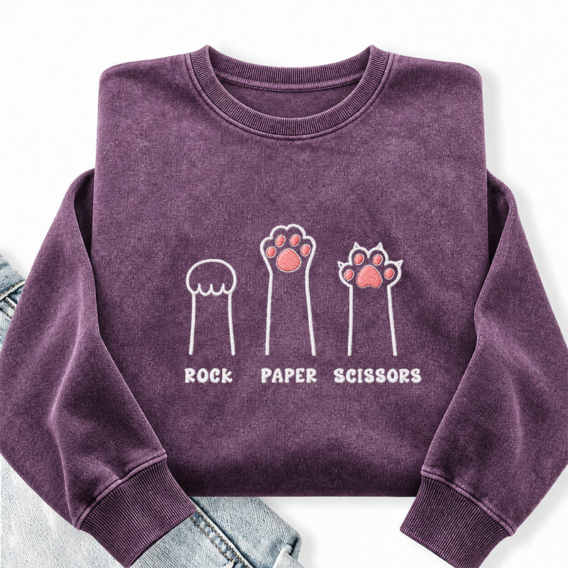 Embroidered Rock Paper Scissors Cat Paw Washed Crewneck Sweatshirt
