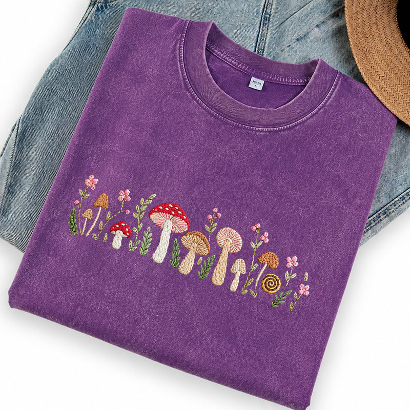 Embroidered Enchanted Mushroom Washed Crew Neck T-Shirt