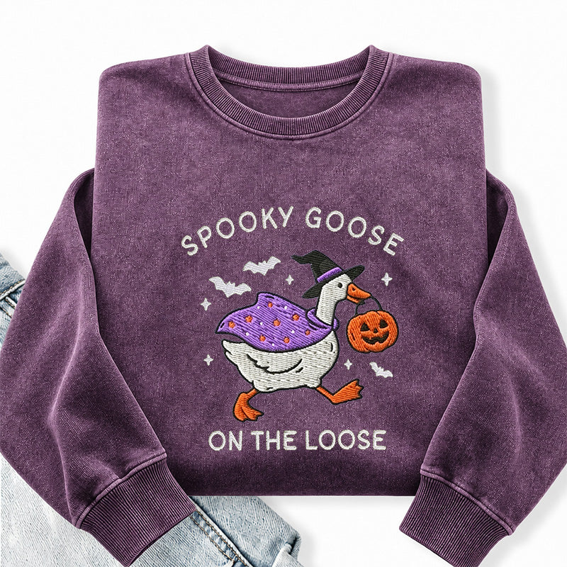 Embroidered Spooky Goose Washed Crewneck Sweatshirt