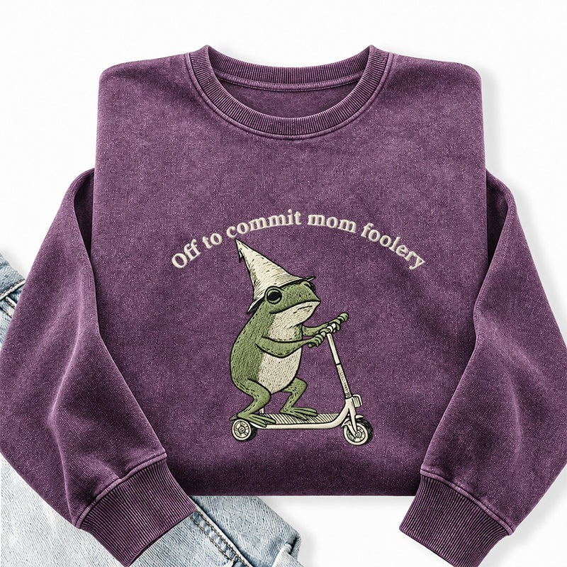 Embroidered Off To Commit Mom Foolery Washed Crewneck Sweatshirt
