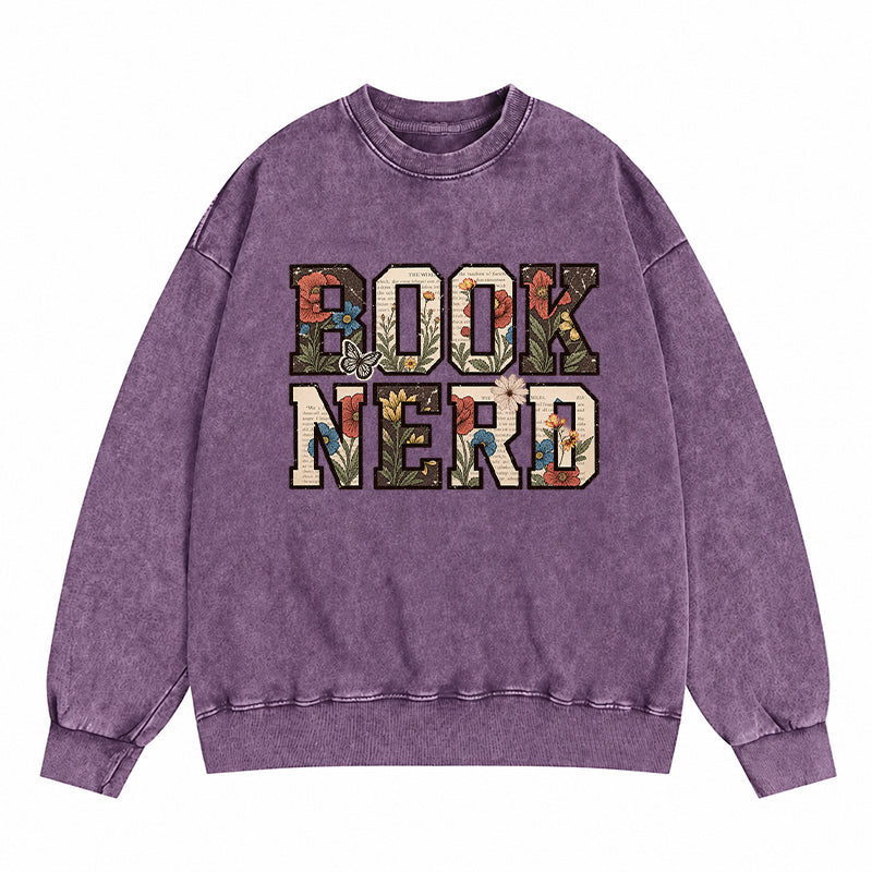 Retro Book Nerd Reading Washed Crewneck Sweatshirt