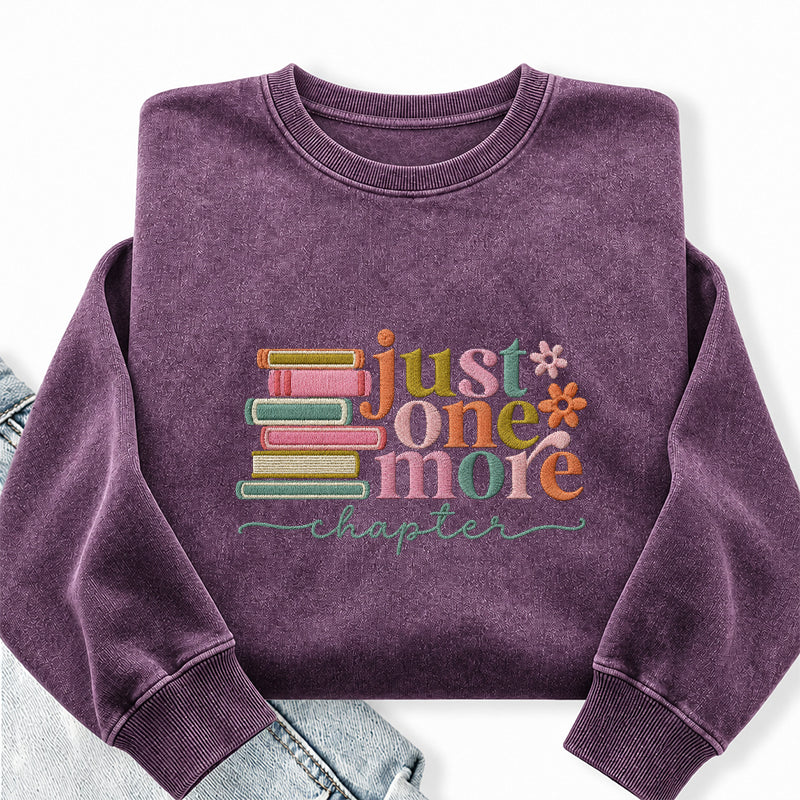 Embroidered Coloful Just One More Chapter Washed Crewneck Sweatshirt
