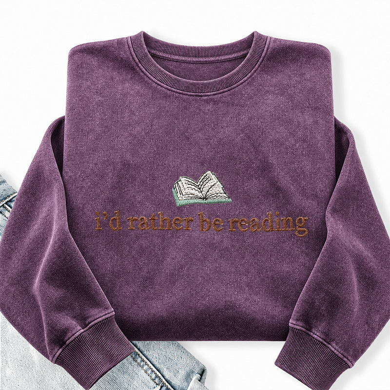 Embroidered I'd Rather Be Reading Washed Crewneck Sweatshirt