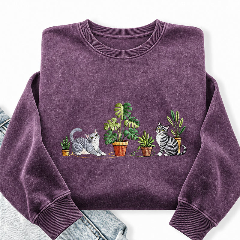 Embroidered Plants And Cat Washed Crewneck Sweatshirt
