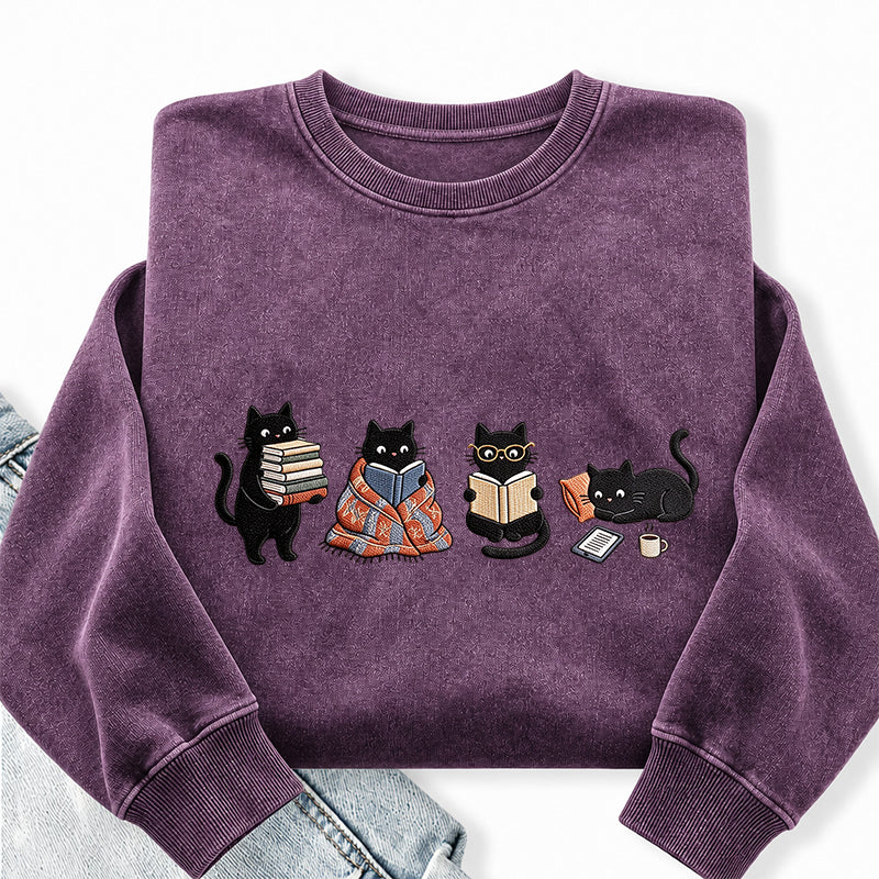 Embroidered Reading Black Cat Washed Crewneck Sweatshirt