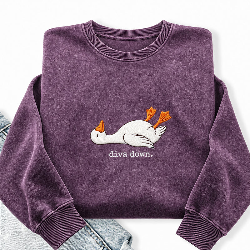 Embroidered Diva Down Goose Washed Crewneck Sweatshirt