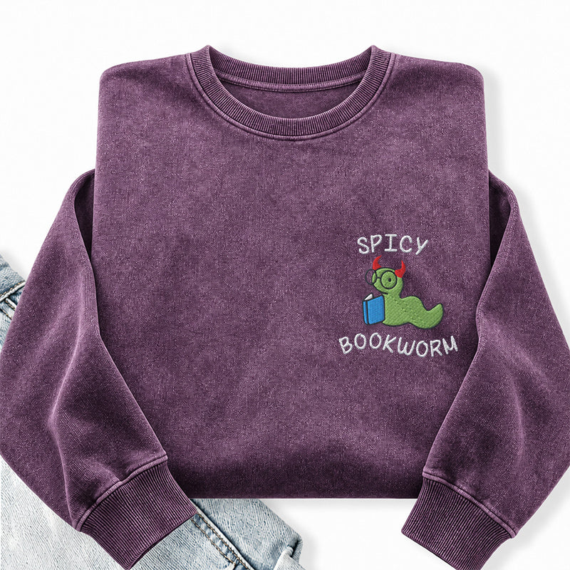 Embroidered Spicy Bookworm Washed Crewneck Sweatshirt