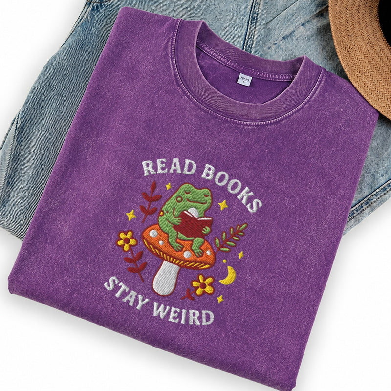 Embroidered Read Books Stay Weird Reading Frog Washed Crew Neck T-Shirt