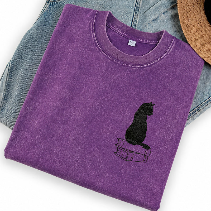 Embroidered Black Cat On Books Washed Crew Neck T-Shirt