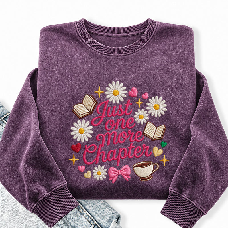Embroidered Just One More Chapter Flower Washed Crewneck Sweatshirt