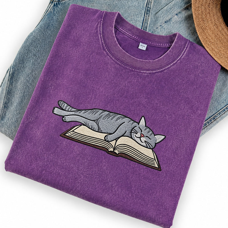 Embroidered Cat Sleeping On Book Washed Crew Neck T-Shirt