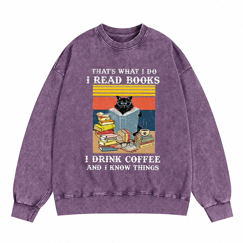 Read Books Drink Coffee Cat Reading Washed Crewneck Sweatshirt