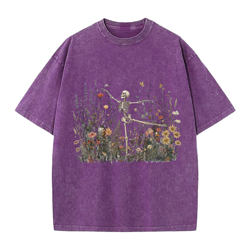 Dancing Skeleton In The Garden Washed Crew Neck T-Shirt