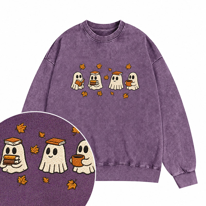 Embroidered Autumn Bookish Ghost Washed Crewneck Sweatshirt