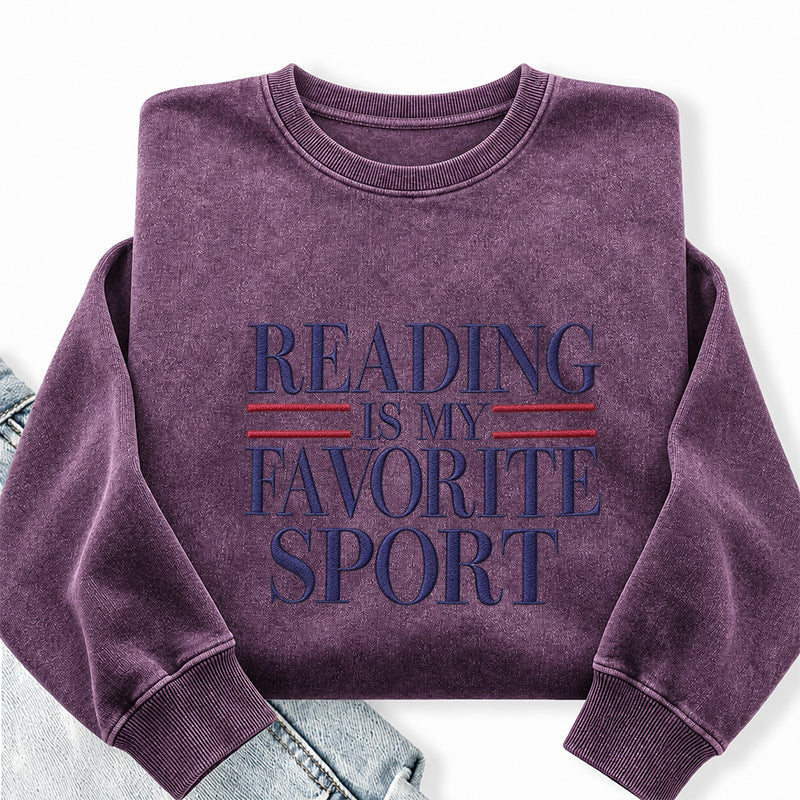 Embroidered Reading Is My Favorite Sport Washed Crewneck Sweatshirt