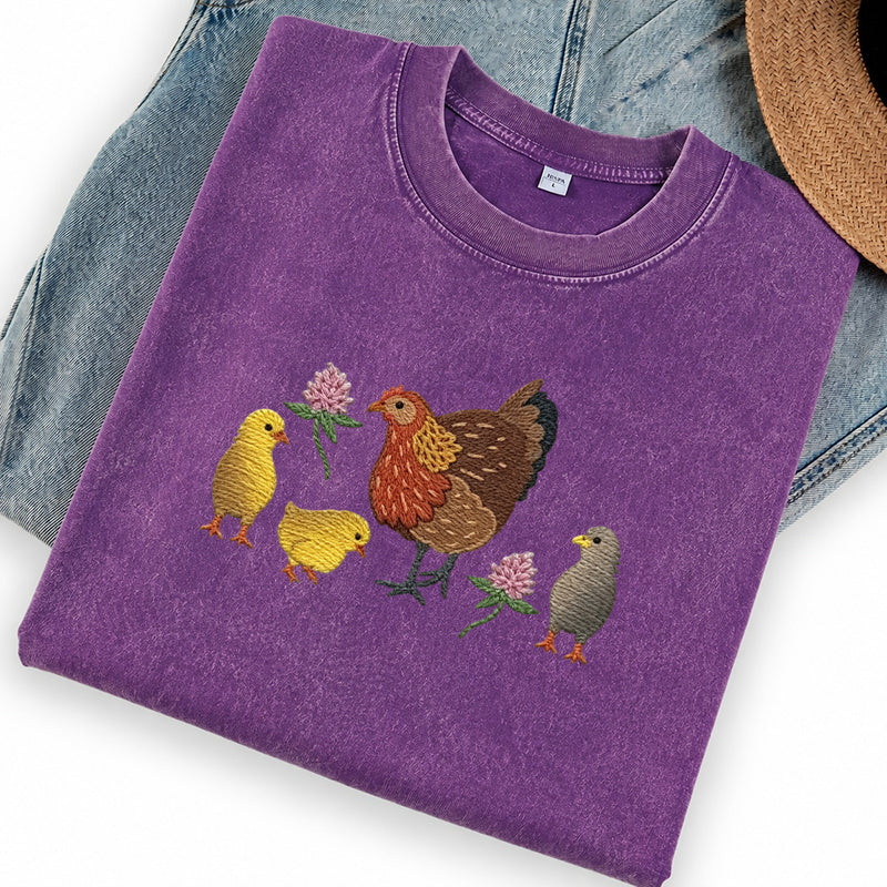 Embroidered Hen & Chicks Washed Crew Neck T-Shirt