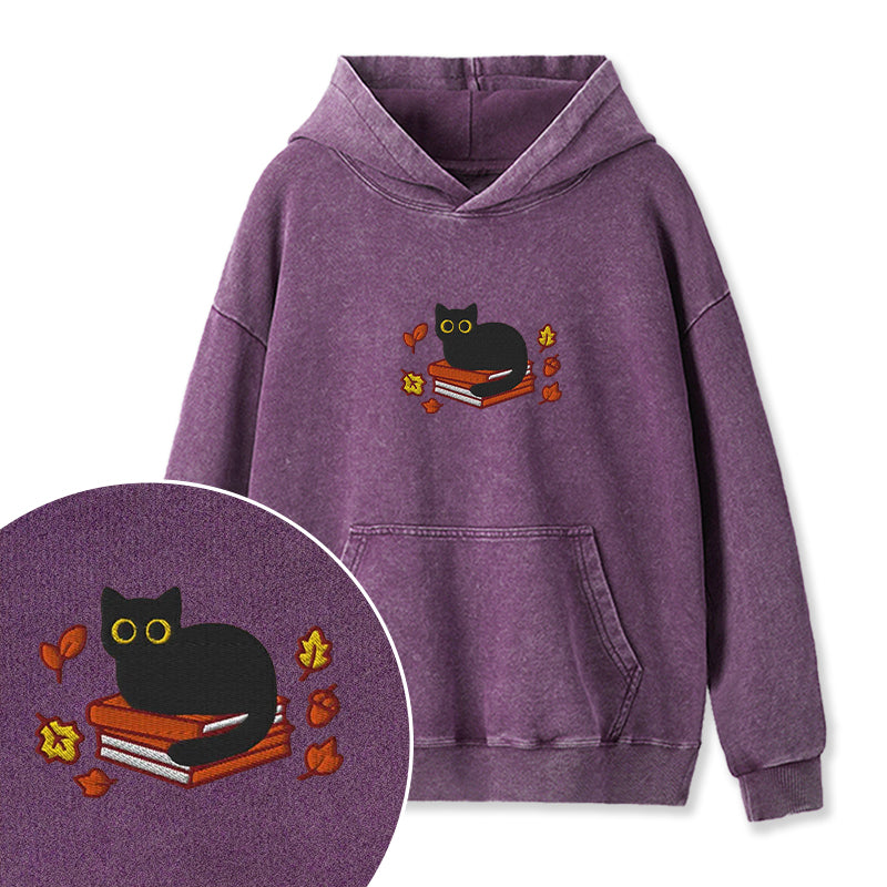 Embroidered Autumn Black Cat Book Washed Hoodie