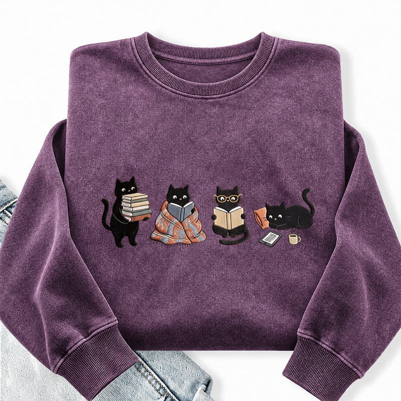 Embroidered Reading Black Cat Washed Crewneck Sweatshirt