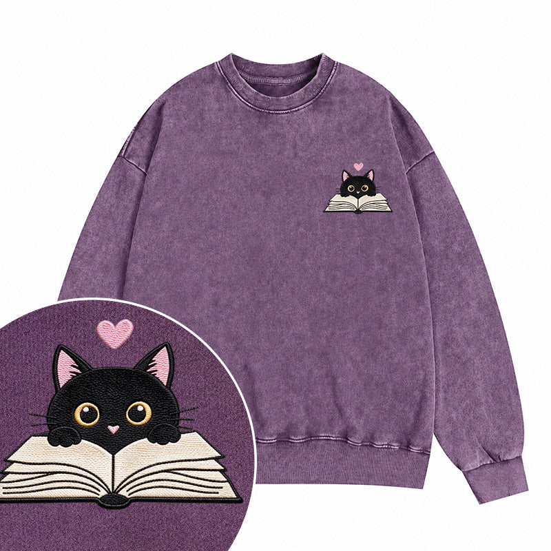 Embroidered Reading Black Cat Washed Crewneck Sweatshirt