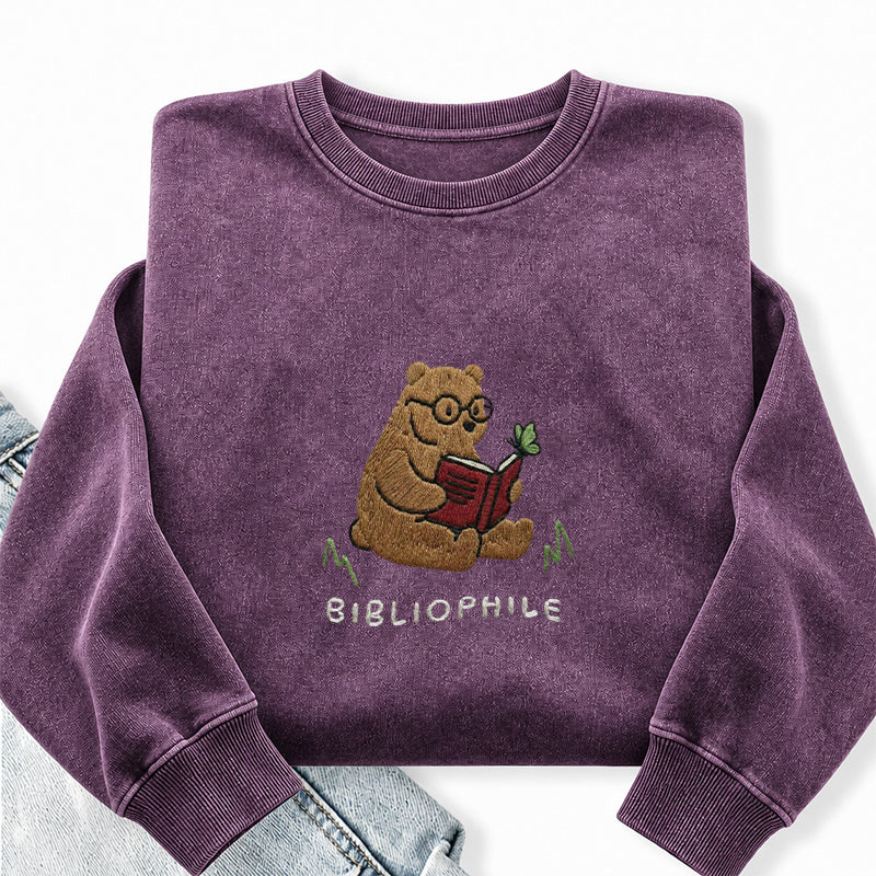 Embroidered Reading Bear Washed Crewneck Sweatshirt