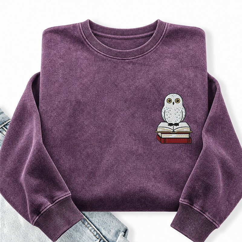 Embroidered Snow Owl On Bookstack Washed Crewneck Sweatshirt
