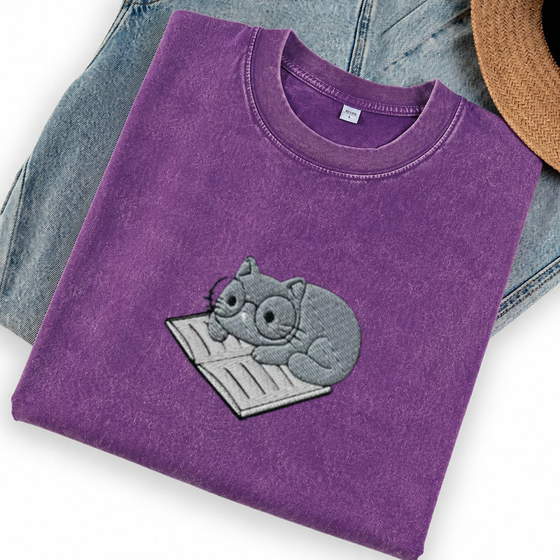 Embroidered Cat On Book Washed Crew Neck T-Shirt