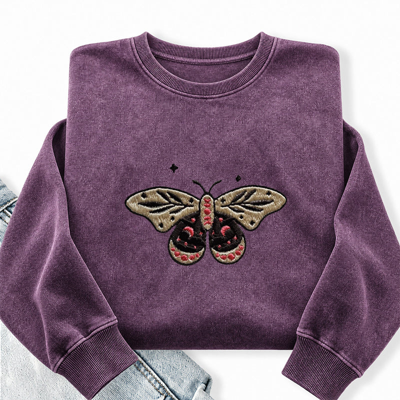Embroidered Moth Butterfly Washed Crewneck Sweatshirt
