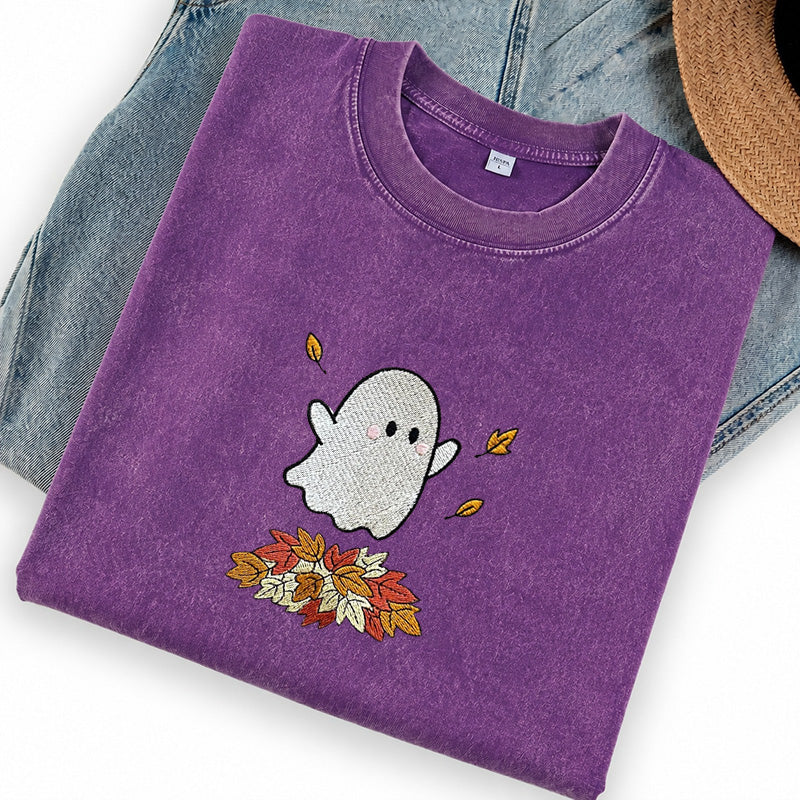 Embroidered Fall Ghost Washed Crew Neck T-Shirt